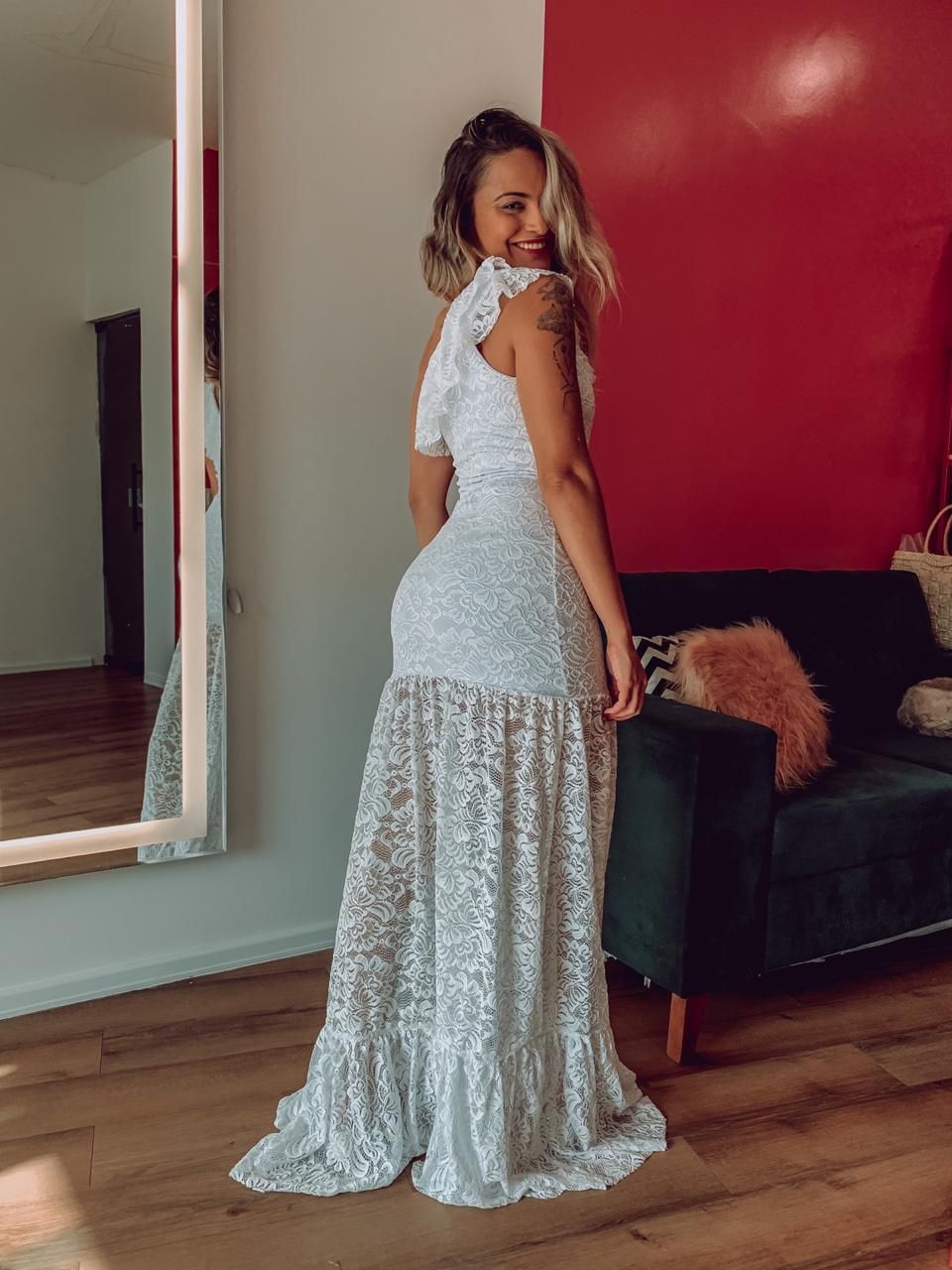 VESTIDO LONGO RENDA OMBRO UNICO