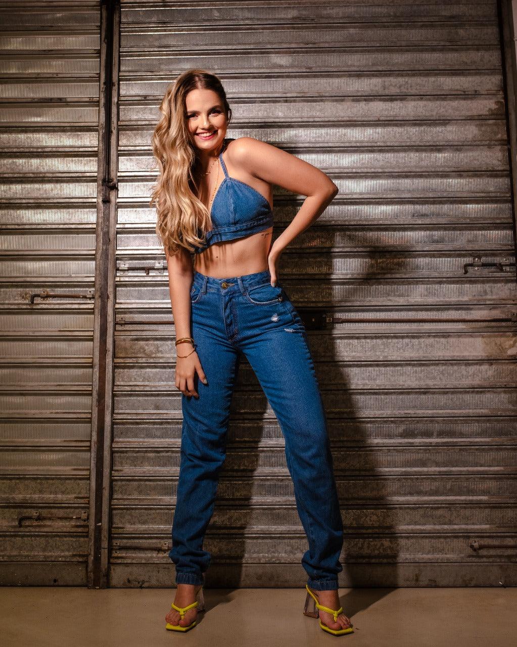 CROPPED ALÇA JEANS - ESCURO - LOJA BRUNA SANTIAGO